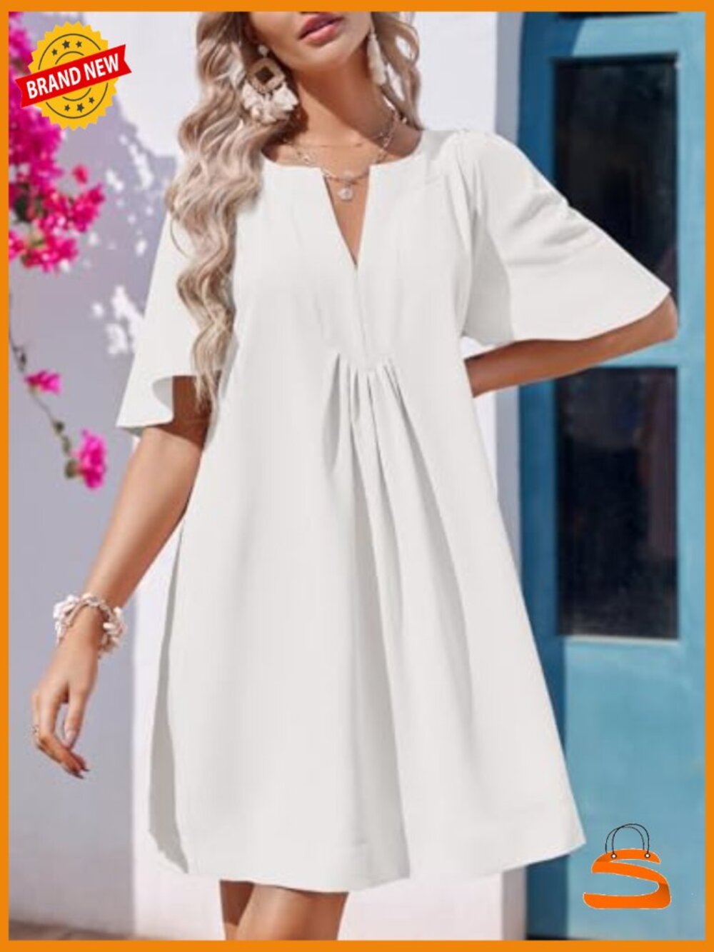 Flutter Short Sleeve Mini Dress V Neck Loose Flowy Summer Shift - Picture 3 of 7